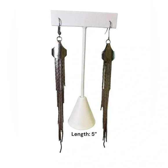 5” Stands Silver Long Dangle Drop Tassel Earrings - Sleek Chain Wedding Jewelry - Picture 1 of 7